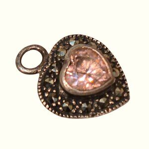 Vintage marcasite Heart Sterling Silver Pendant pink glass Gemstone 925 Jewelry